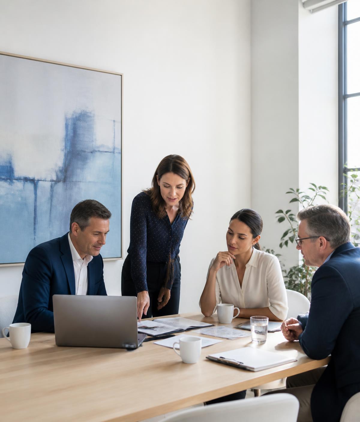 An executive team working together in a bright modern office