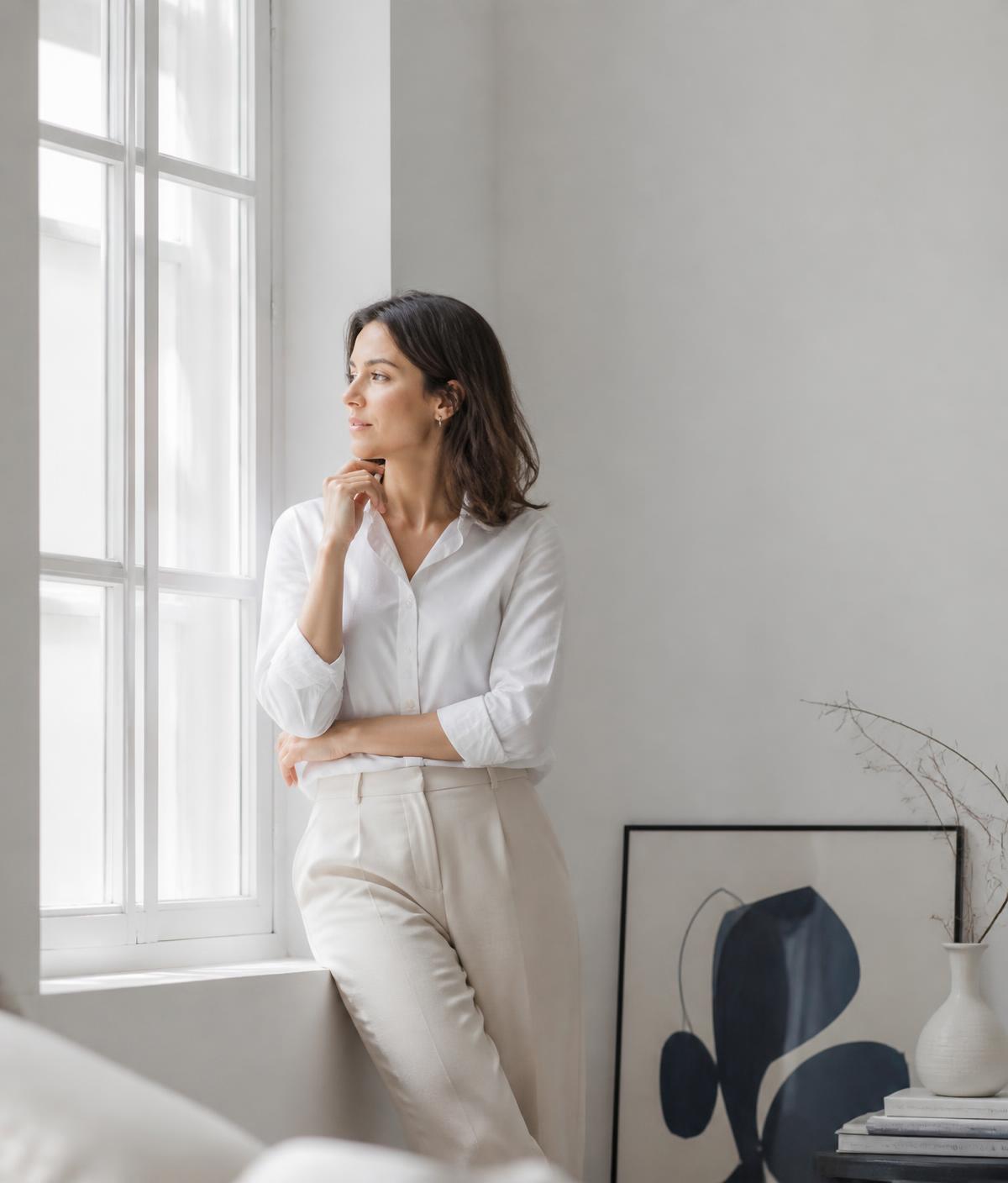 A person reflecting by a window in a minimal white room